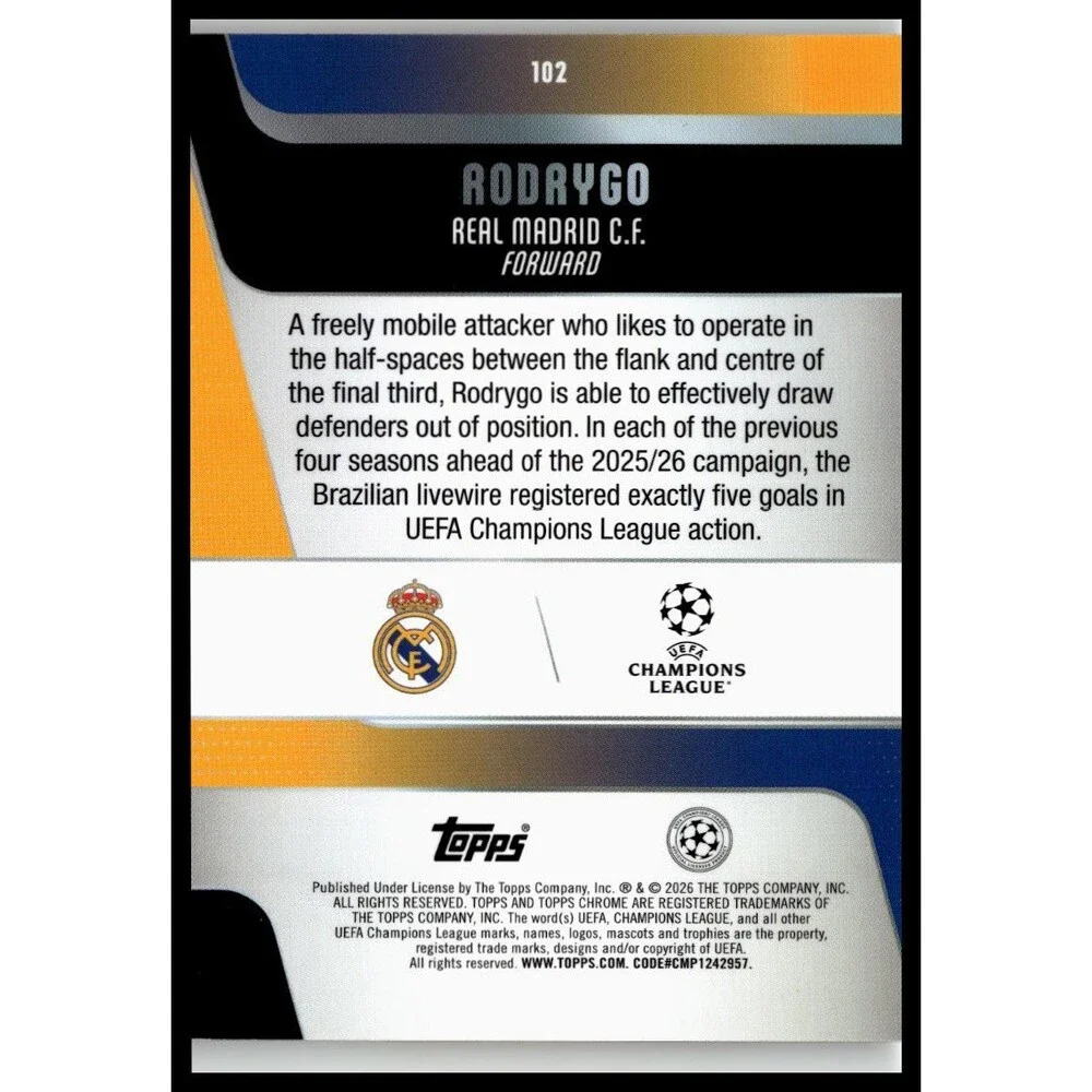 2025-26 Topps Chrome UEFA Rodrygo #102 Real Madrid CF Pulsar Refractor